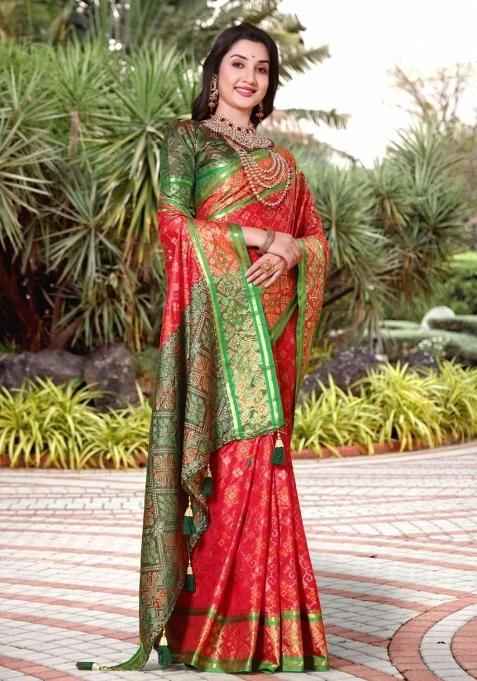 Red Meena Weaving Work Silk Saree Set
