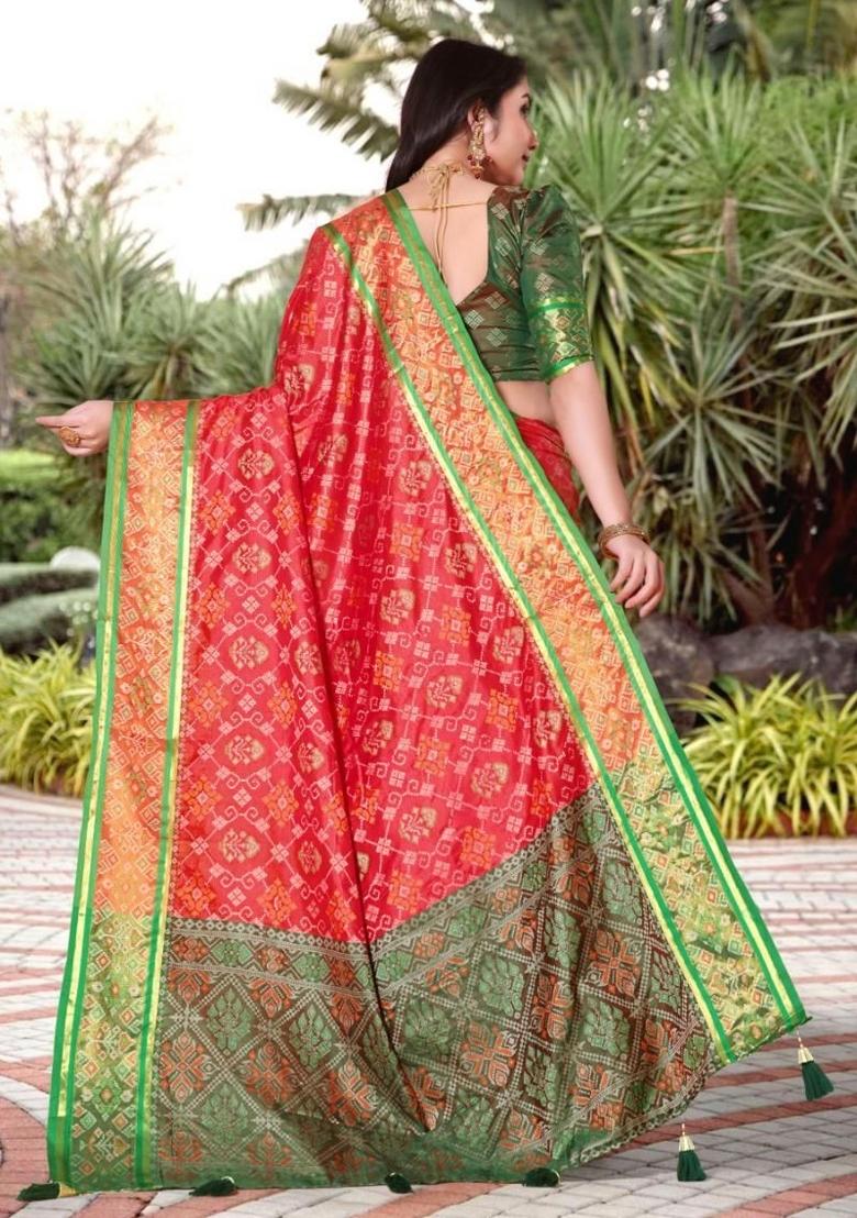 Red Meena Weaving Work Silk Saree Set - Indya