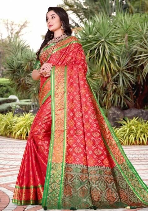 Red Meena Weaving Work Silk Saree Set