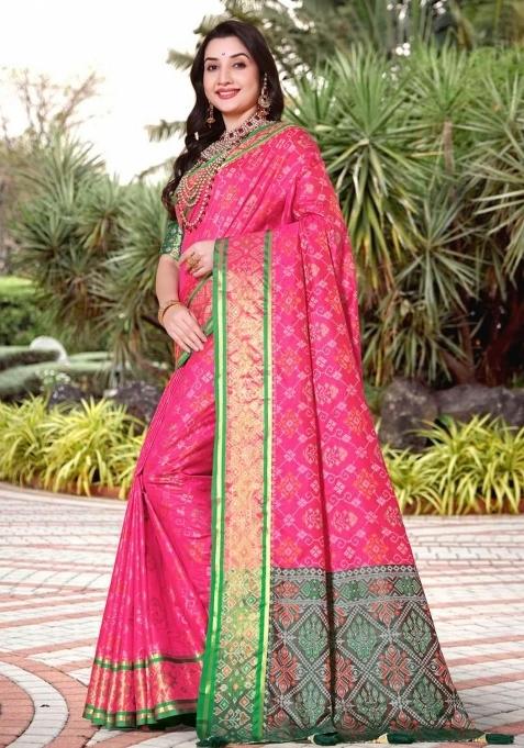 Pink Meena Weaving Work Silk Saree Set