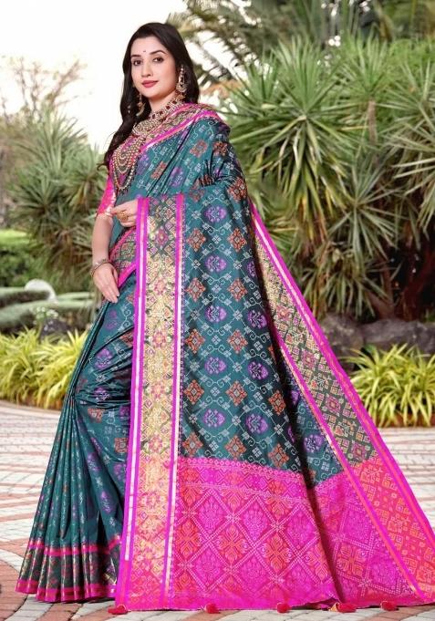 Blue Meena Weaving Work Silk Saree Set