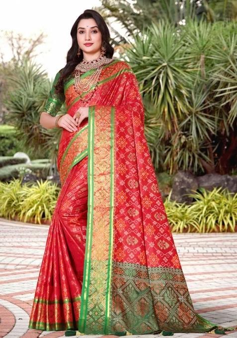 Red Meena Weaving Work Silk Saree Set