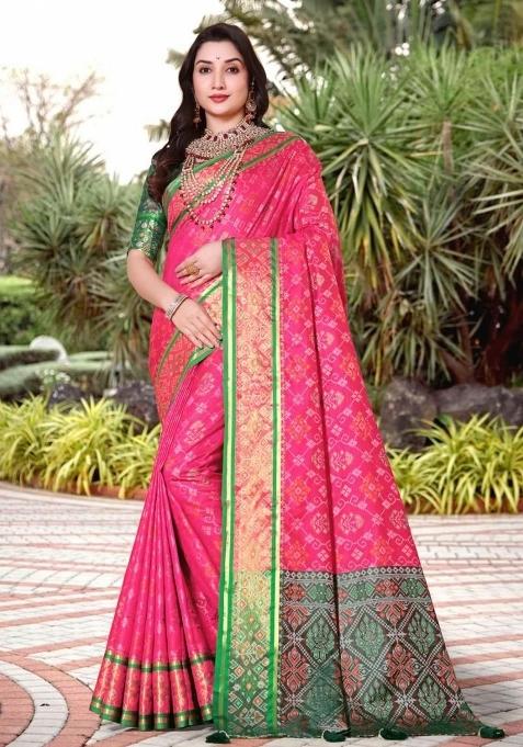 Pink Meena Weaving Work Silk Saree Set