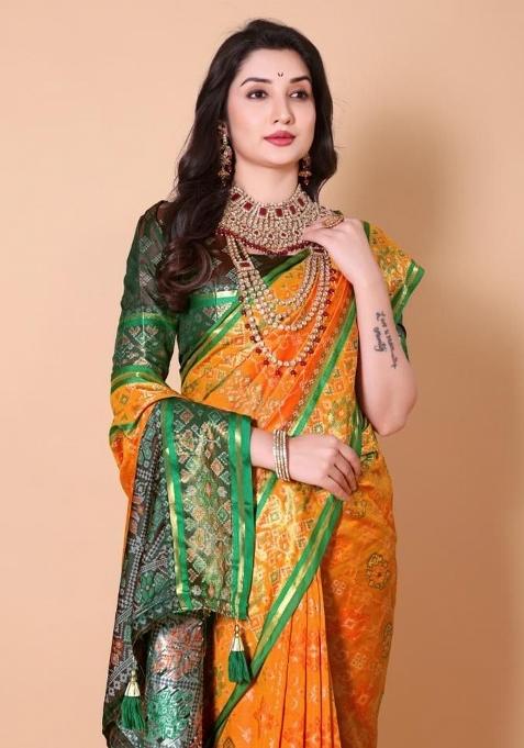 Yellow Meena Weaving Work Silk Saree Set