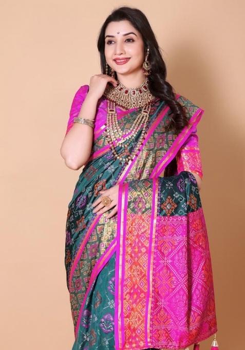 Blue Meena Weaving Work Silk Saree Set