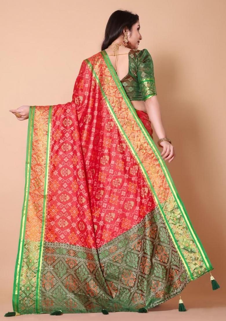 Red Meena Weaving Work Silk Saree Set - Indya