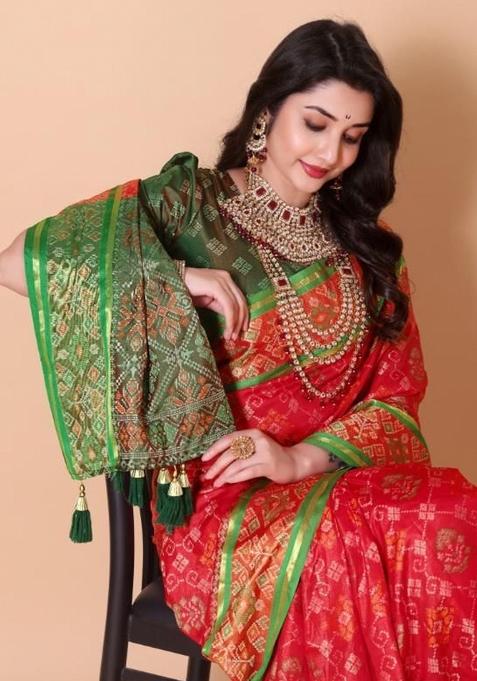 Red Meena Weaving Work Silk Saree Set