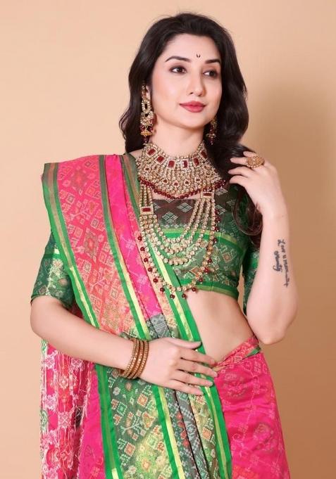 Pink Meena Weaving Work Silk Saree Set