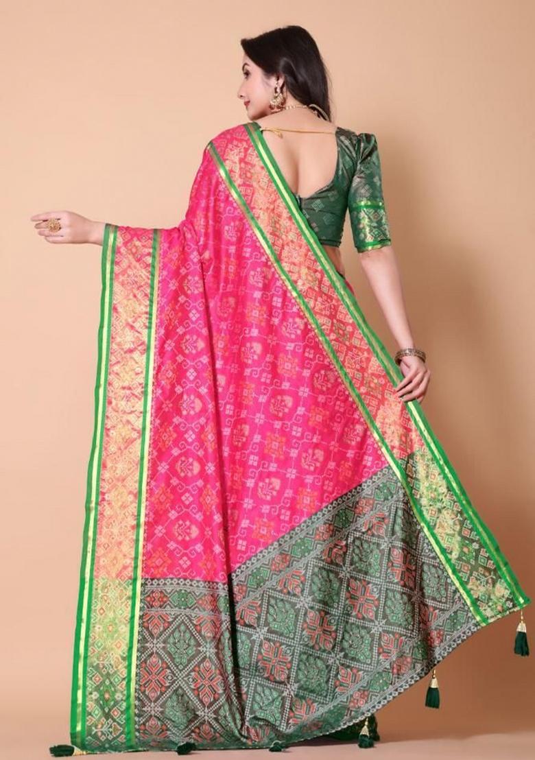 Pink Meena Weaving Work Silk Saree Set - Indya