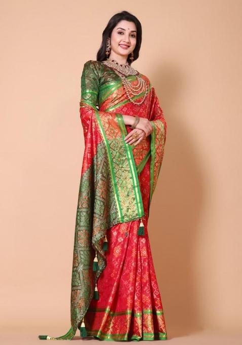 Red Meena Weaving Work Silk Saree Set