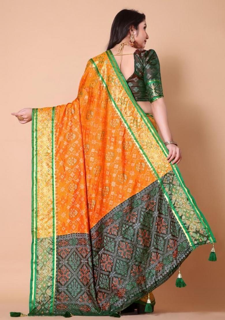 Yellow Meena Weaving Work Silk Saree Set - Indya