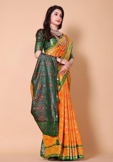 Yellow Meena Weaving Work Silk Saree Set