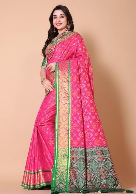 Pink Meena Weaving Work Silk Saree Set
