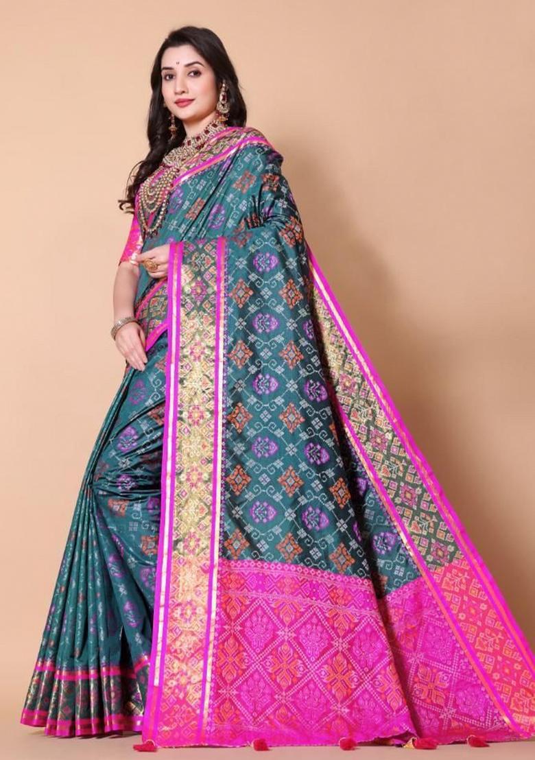 Blue Meena Weaving Work Silk Saree Set - Indya