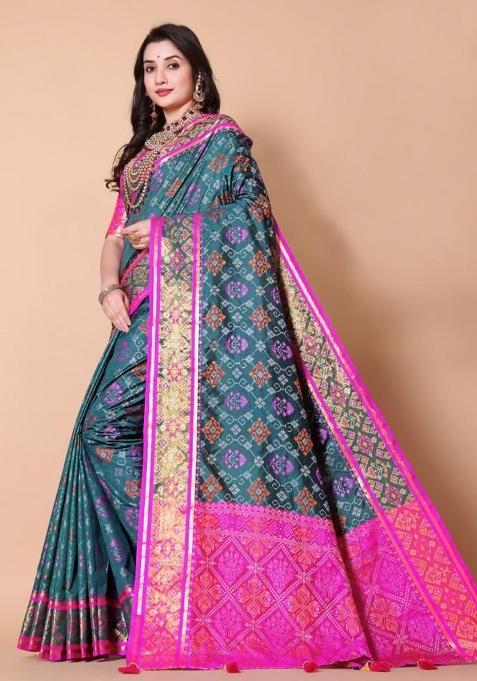 Blue Meena Weaving Work Silk Saree Set