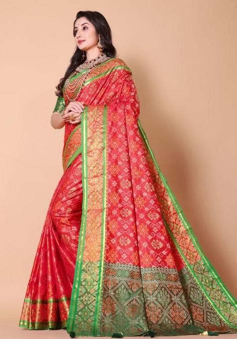 Red Meena Weaving Work Silk Saree Set