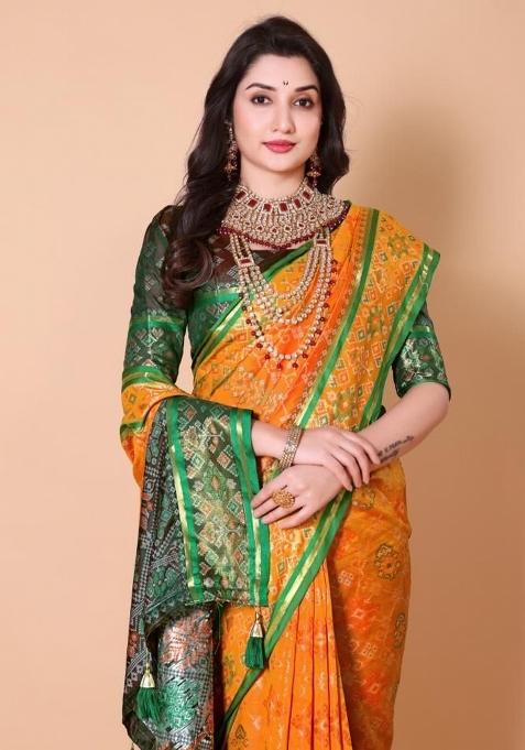 Yellow Meena Weaving Work Silk Saree Set