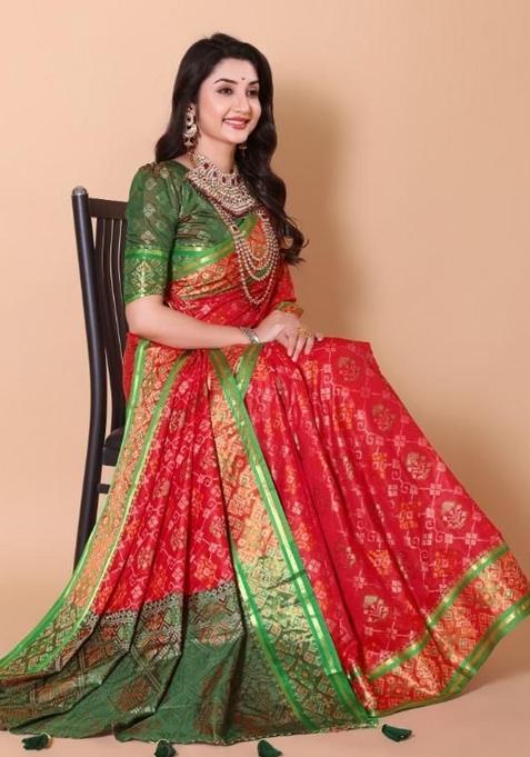 Red Meena Weaving Work Silk Saree Set