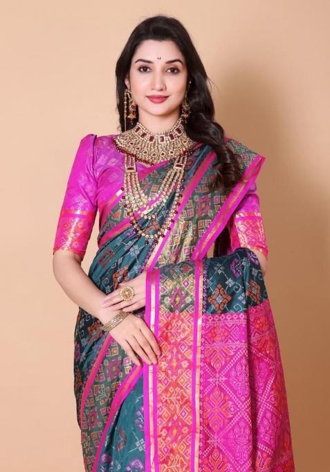 Blue Meena Weaving Work Silk Saree Set