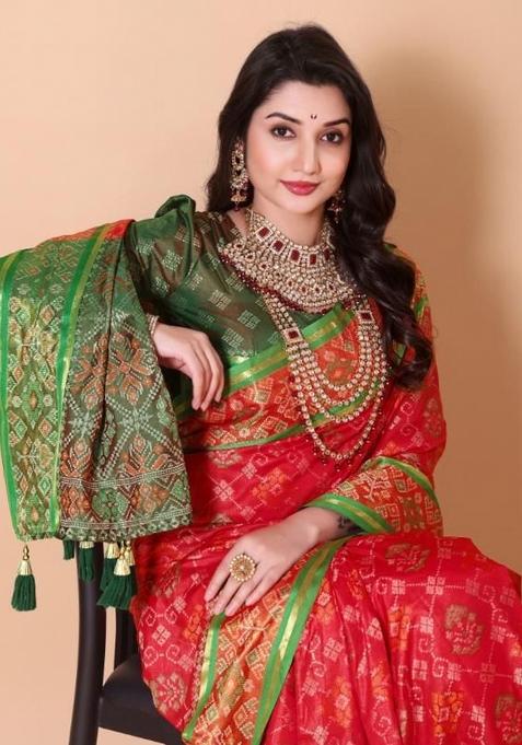 Red Meena Weaving Work Silk Saree Set