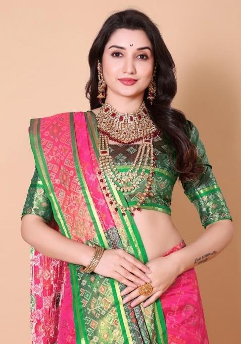 Pink Meena Weaving Work Silk Saree Set