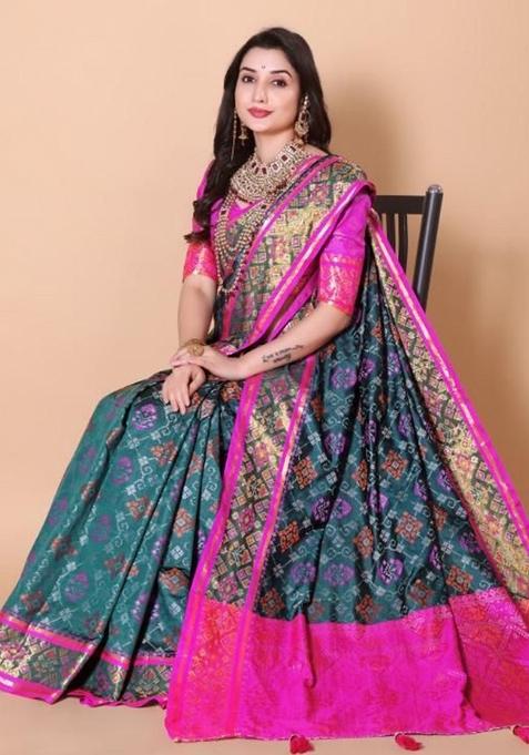 Blue Meena Weaving Work Silk Saree Set