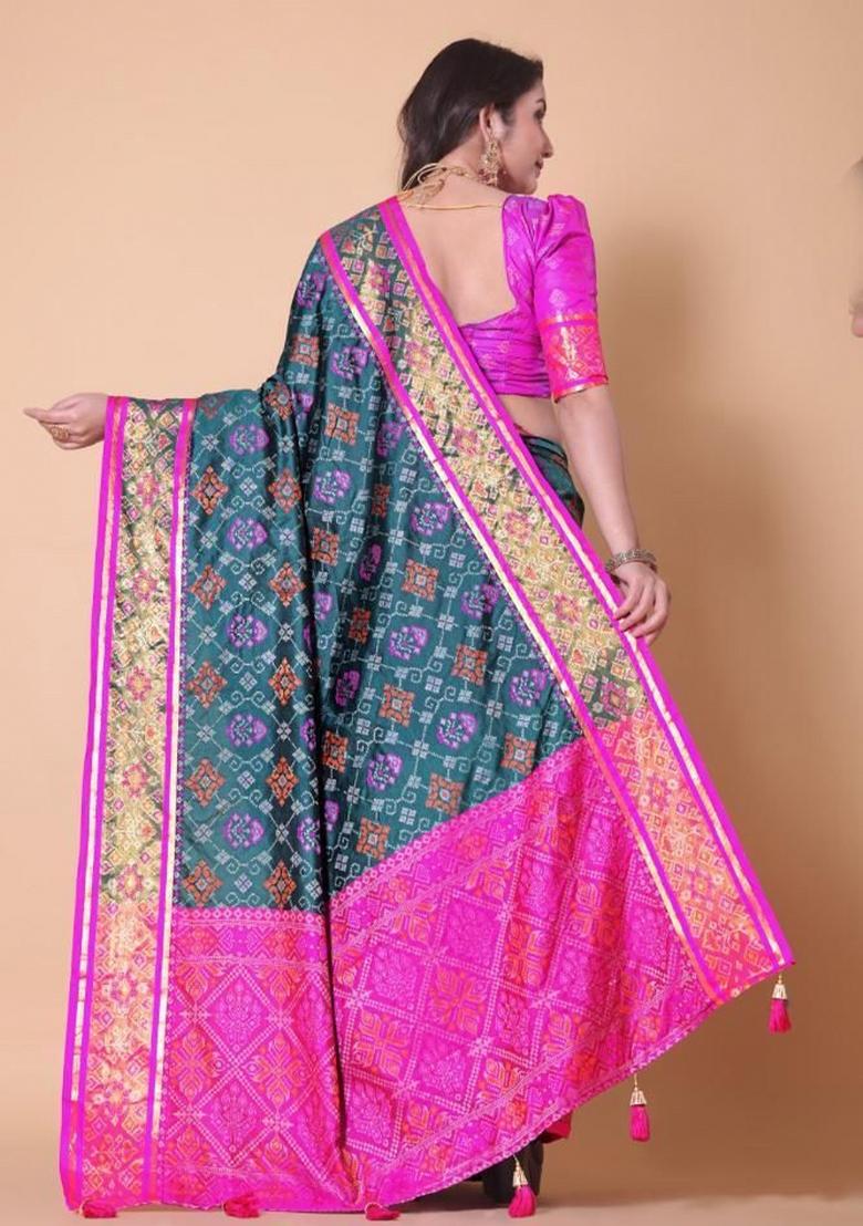 Blue Meena Weaving Work Silk Saree Set - Indya