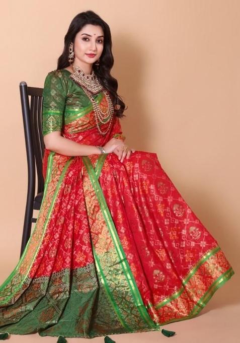 Red Meena Weaving Work Silk Saree Set