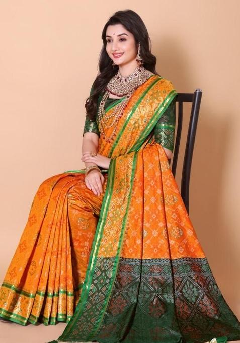 Yellow Meena Weaving Work Silk Saree Set