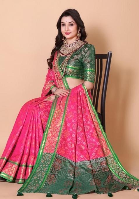 Pink Meena Weaving Work Silk Saree Set