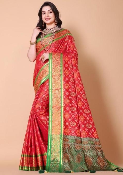 Red Meena Weaving Work Silk Saree Set