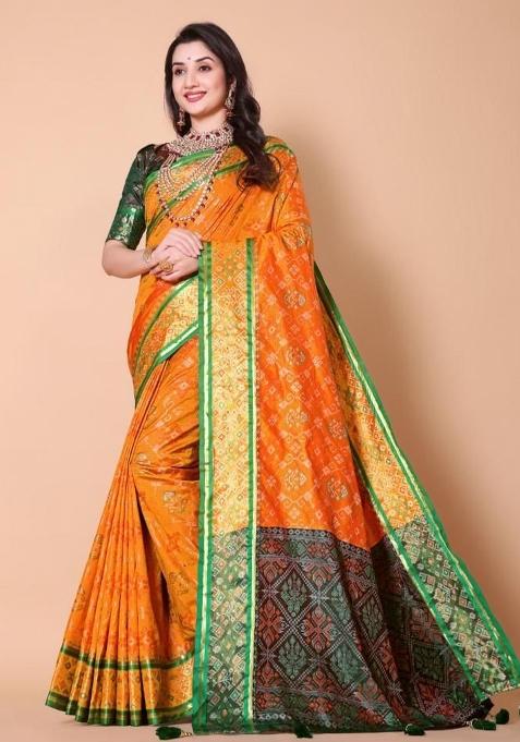Yellow Meena Weaving Work Silk Saree Set