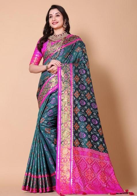 Blue Meena Weaving Work Silk Saree Set