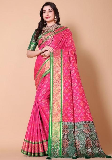 Rani Pink Meena Weaving Work Silk Saree Set