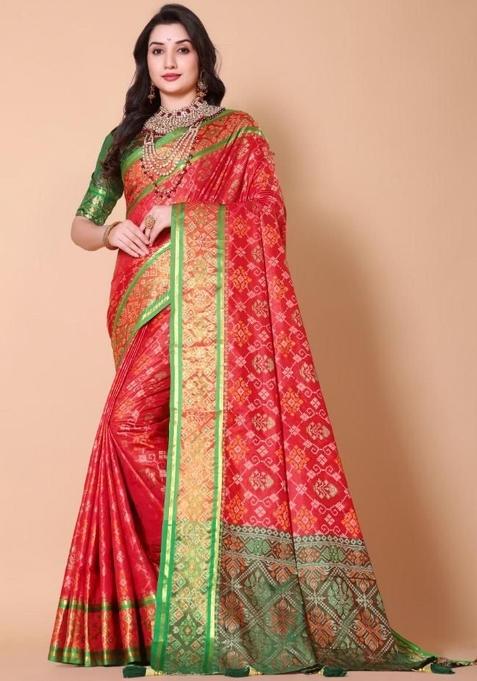 Red Meena Weaving Work Silk Saree Set