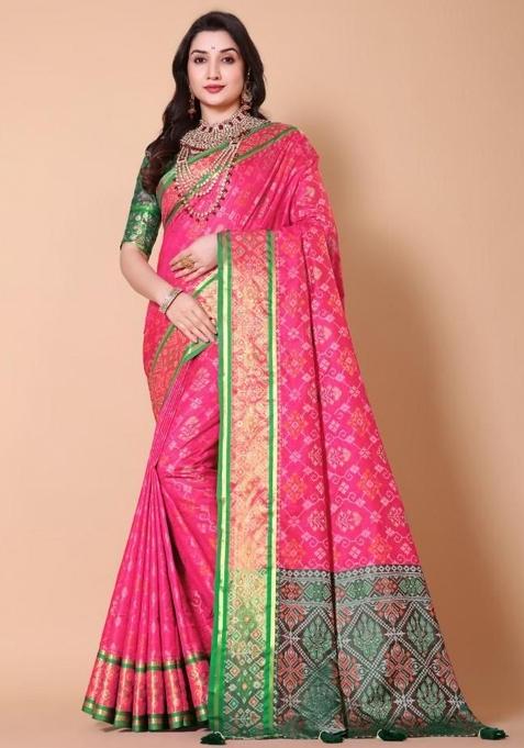 Pink Meena Weaving Work Silk Saree Set
