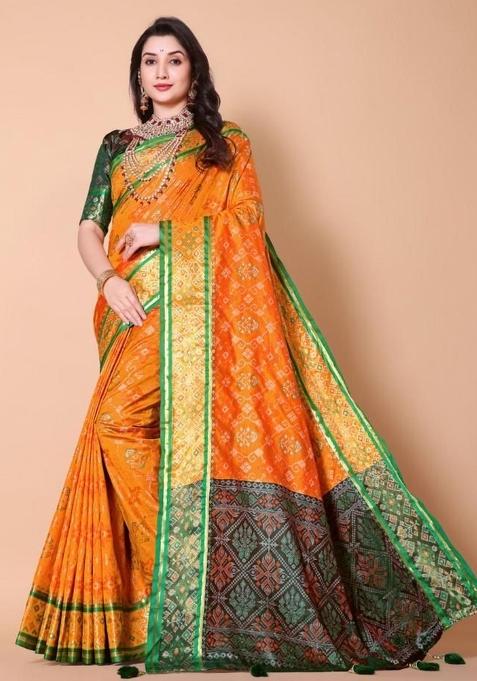 Yellow Meena Weaving Work Silk Saree Set