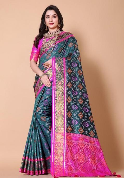 Blue Meena Weaving Work Silk Saree Set