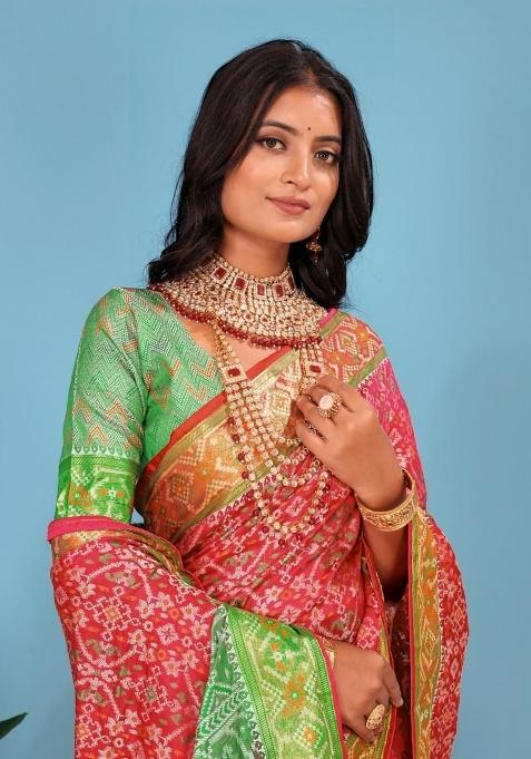 Red Meena Weaving Work Silk Saree Set