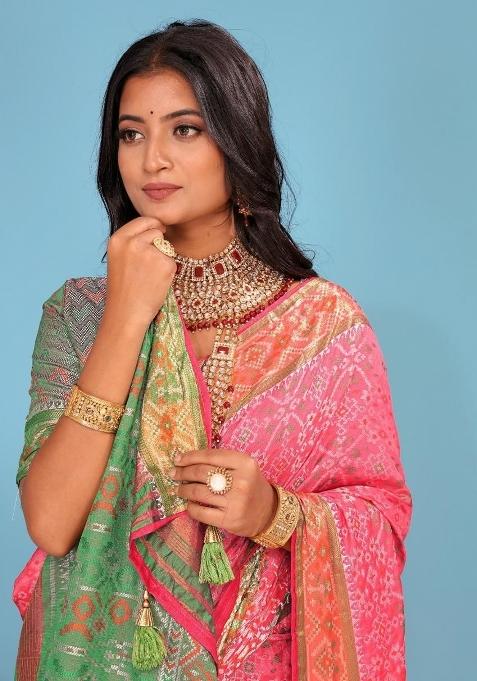 Pink Meena Weaving Work Silk Saree Set