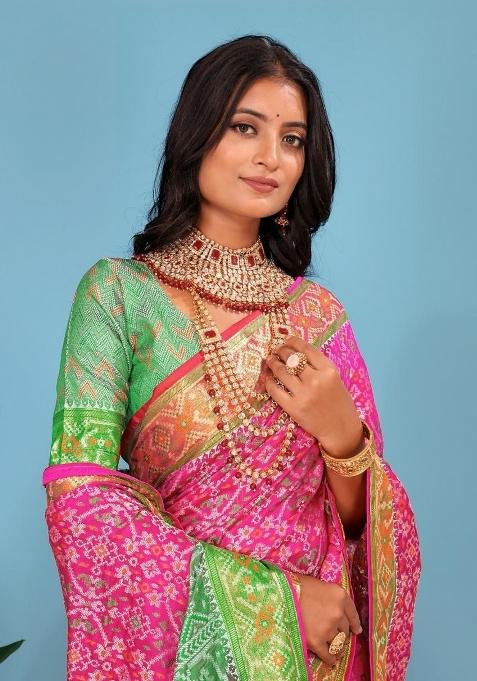 Rani Pink Meena Weaving Work Silk Saree Set