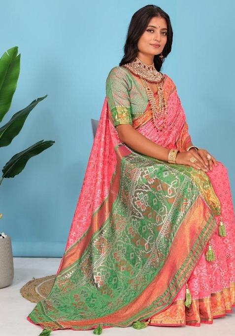 Pink Meena Weaving Work Silk Saree Set