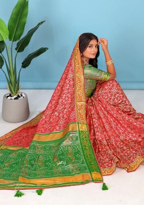 Red Meena Weaving Work Silk Saree Set