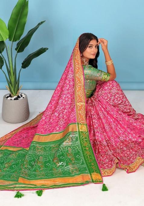 Rani Pink Meena Weaving Work Silk Saree Set