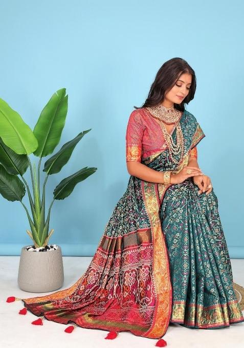 Firoji Meena Weaving Work Silk Saree Set