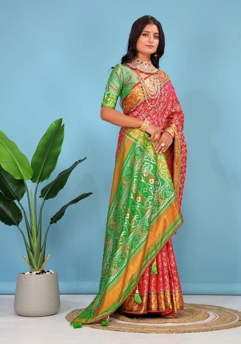 Red Meena Weaving Work Silk Saree Set