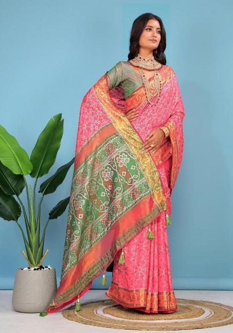 Pink Meena Weaving Work Silk Saree Set