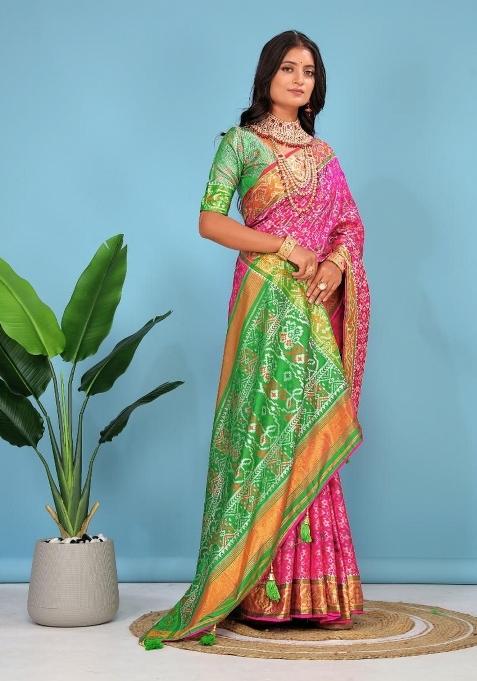 Rani Pink Meena Weaving Work Silk Saree Set