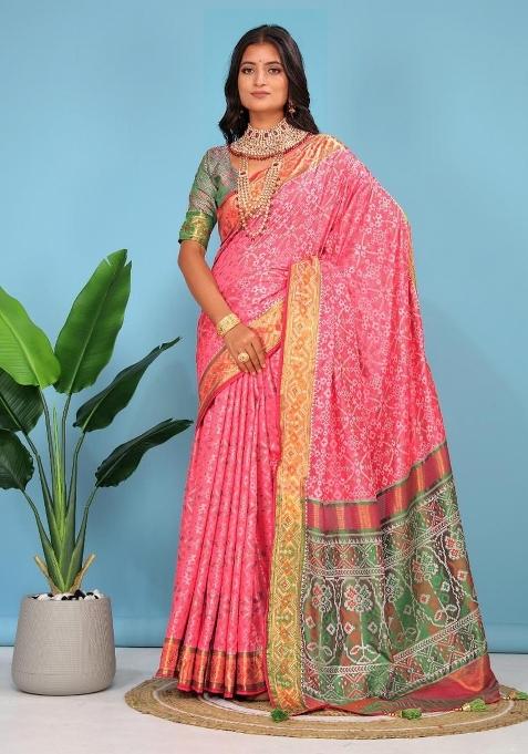 Pink Meena Weaving Work Silk Saree Set