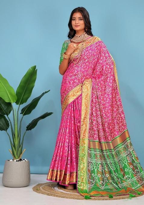 Rani Pink Meena Weaving Work Silk Saree Set